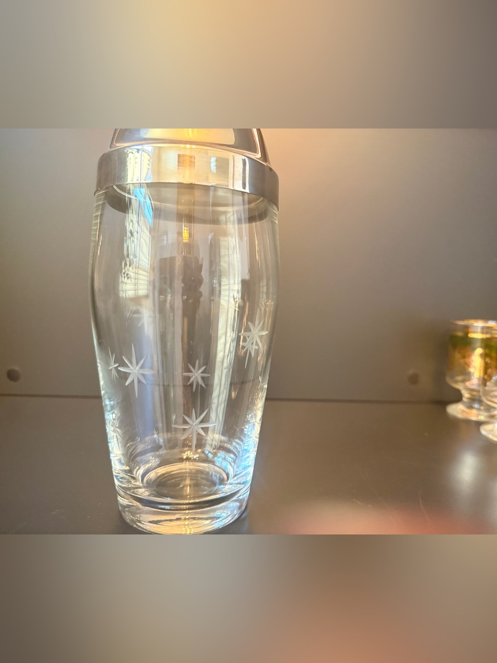 Vintage MCM Atomic Starburst Glass Cocktail Shaker Chrome ToneBarware W/ Tongs - Picture 7 of 10